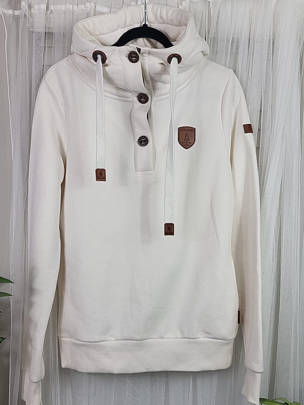 Wanakome Cream Funnel Neck Pullover with Button Placket. Size M